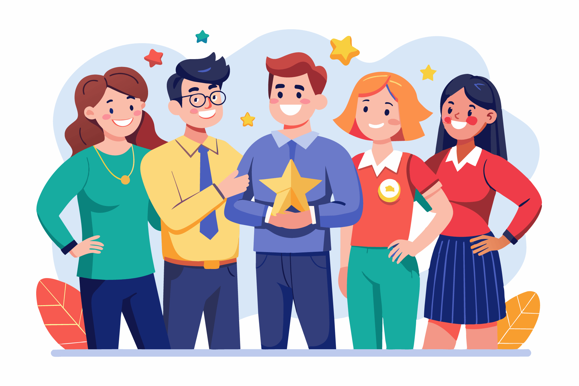 Illustration of people around a man holding a star