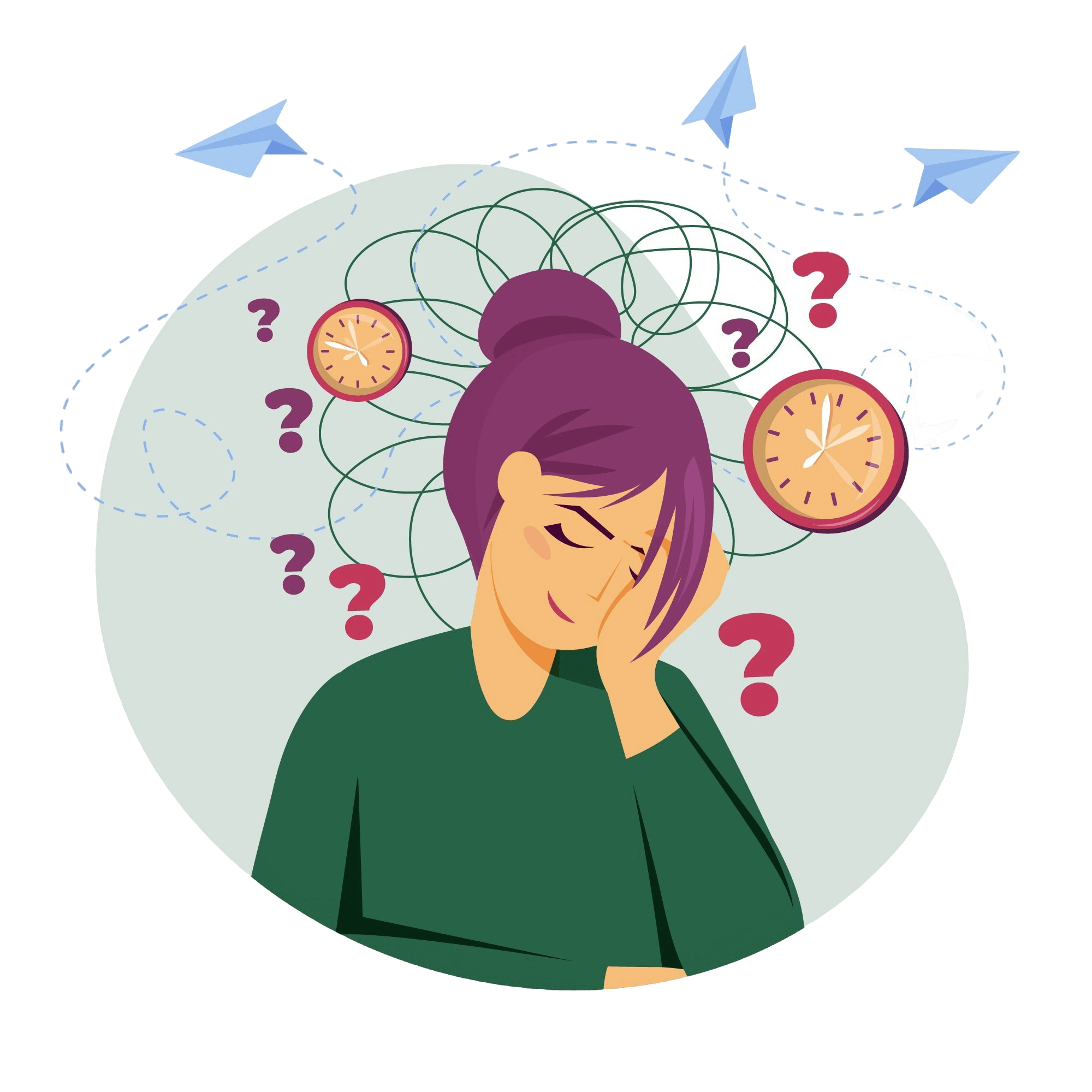 Illustration showing a women with many questions in her mind